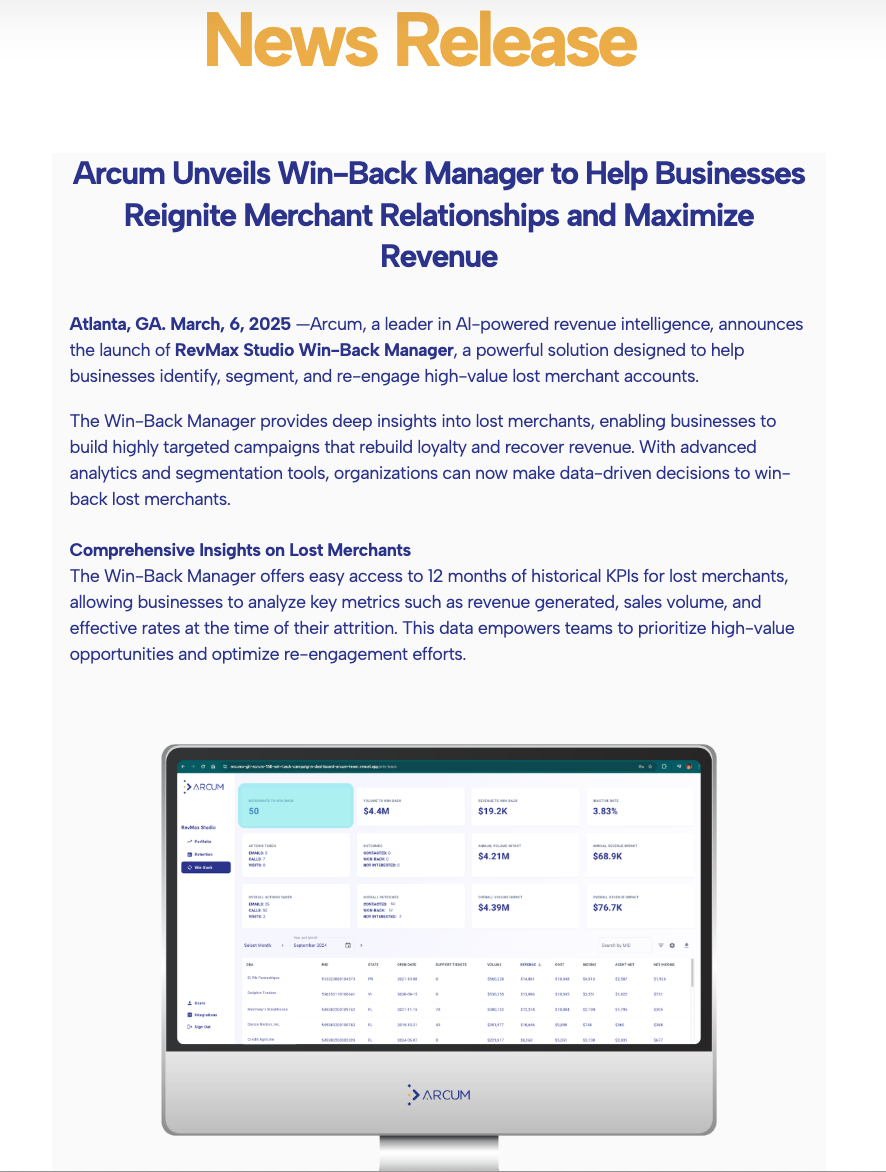 Arcum Unveils Win-Back Manager to Reignite Merchant Relationships and Maximize Revenue